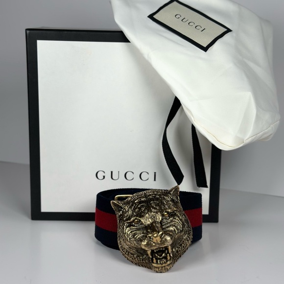 Authentic Gucci Web Belt with Antique Gold Tiger Head Rajah main image 6